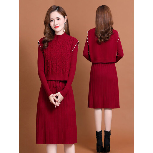 TJQ ​​Luxury High-End-Marke Strickkleid für Frauen 2025 Herbst neuer Stil Slim Temperament Langarm modischer Rock rot m