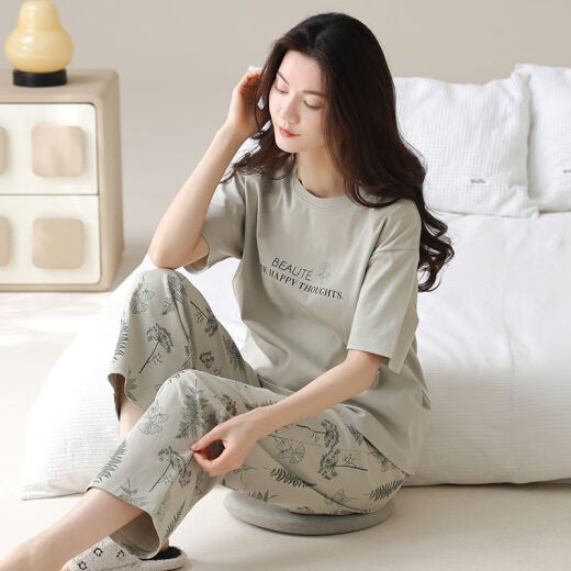 北极绒睡衣女春夏季短袖长裤纯棉韩版学生夏天可外穿全棉家居服套装 YZT9712棉短长 M (80-100斤)