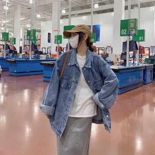 复古港风牛仔外套女2023年秋季新款高级感别致宽松百搭夹克上衣服 蓝色 2XL