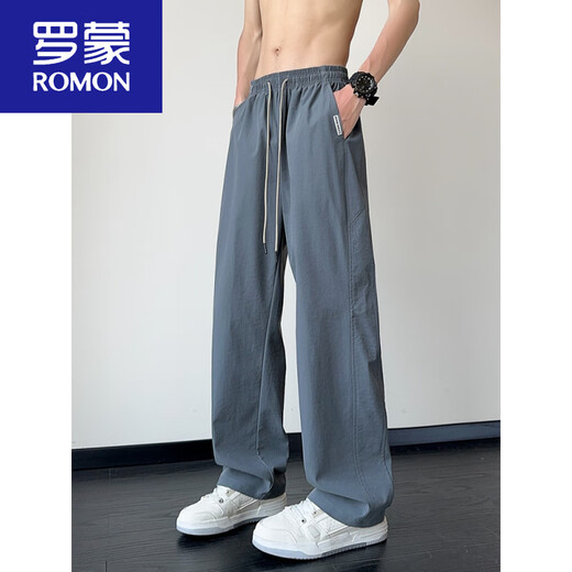 
ROMON men's pants summer thin mesh breathable straight ice silk pants for boys gray American quick-drying pants casual trousers 6636 black + 6636 military green M