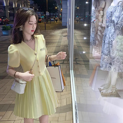 Femenino 2025 Summer NUEVO diseño francés Diseño pequeño que abraza la cintura de la cintura Slim Princess Falda D1478 Amarillo S [100Jin [Jin es igual a 0,5 kg] a continuación]