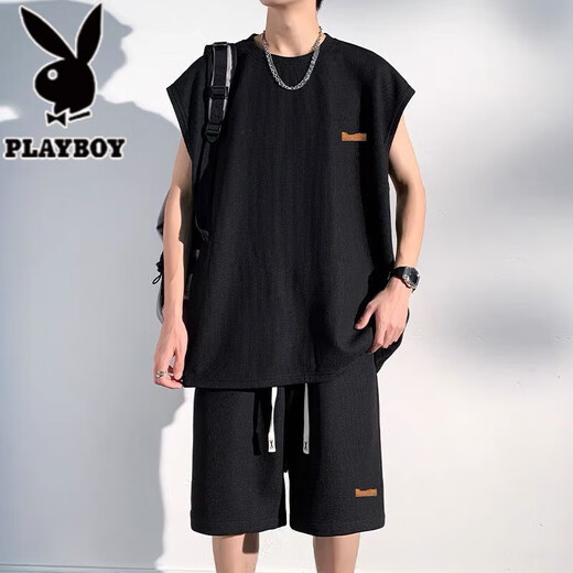 花花公子（PLAYBOY）无袖男士背心夏季冰丝凉感透气速干t恤健身跑步短裤短袖运动套装 白色套装【收藏加购优先发货】 XL 建议125-145斤