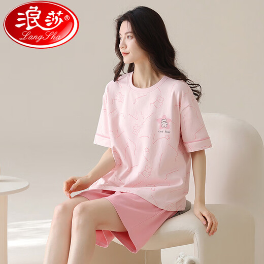 浪莎（LangSha）2025款睡衣女夏季短袖短裤纯棉圆领薄款甜美粉色家居服套装可外穿 Z9859 L 【建议100-120斤穿】