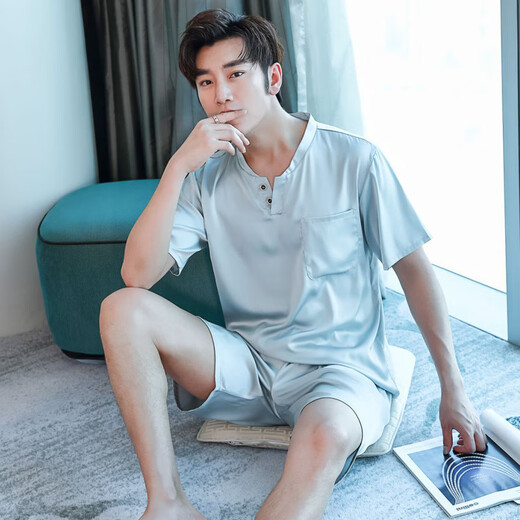 ZIPJBX夏季仿真丝睡衣男士夏款短袖短裤套头薄款冰丝绸男款休闲家居服套 开衫款9864-灰蓝色 L (100-125斤)