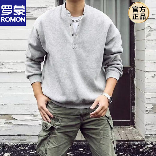 ROMON handsome trendy autumn men's henley collar long-sleeved T-shirt bottoming shirt stand-up collar solid color loose casual pullover sweatshirt black high quality XL recommended 120-135Jin Jin equals 0.5 kg