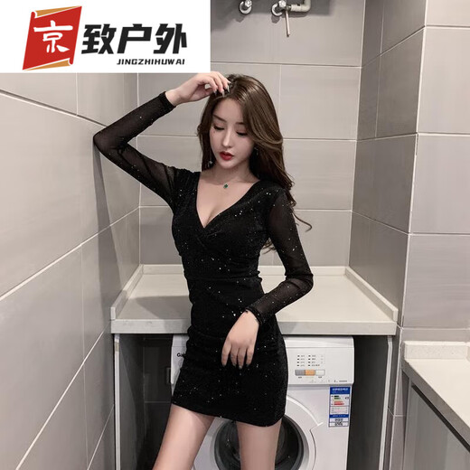 喆炜夜店女装足浴会所新款深V低胸修身包臀短裙荷叶边夜场性感连衣裙 黑色短袖876款 2XL  (120-130斤)