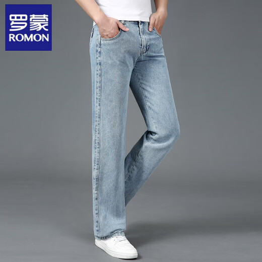 Romon Spring and Automne Loose Jeans pour hommes minces de coton pur raide pour hommes grandes taille à quatre longs pantalons d'âge moyen décontracté grandes jambes 688 Couleur légère 32 Circle de taille 2 pieds 5