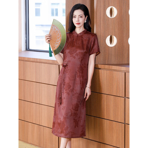 Homesee overseas light luxury high-end dress silk fragrance cloud sao girl temperament waist-hugging and looking slim retro noble lady mulberry silk red L