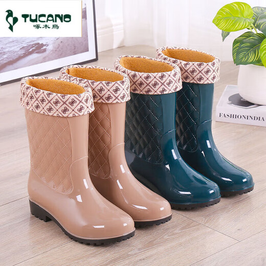 Zapatillas de lluvia de la moda de la moda de carpintero Botas de lluvia cálidas para mujeres Los zapatos de agua anti-Slip Sobre los cómodos zapatos de goma resistentes al desgaste de las botas de agua de algodón de aspecto 2235 VERDEO DARO-Zapatos individuales 37
