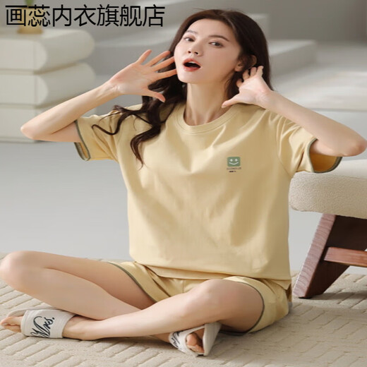 画蕊睡衣女款夏季纯棉短袖短裤简约休闲薄款女士家居服套装 9855 均码 M码建议75-100斤穿