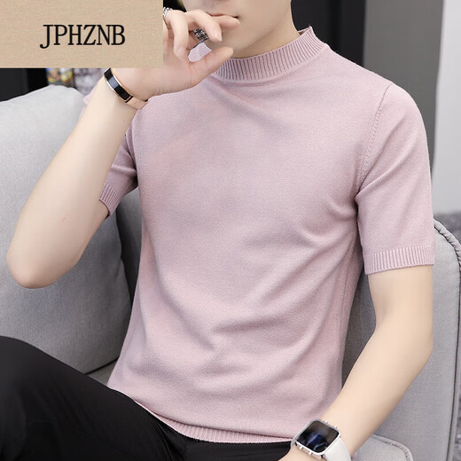 JPHZNB thin sweater men's autumn and winter short-sleeved T-shirt men's round neck half-sleeved knitted solid color slim sweater knitted sweater in summer q9913 light gray 2XL