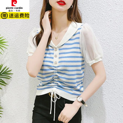 
Pier Cardin ice silk sweater for women 2025 summer new striped base shirt summer short-sleeved T-shirt drawstring yarn sleeve top thin DX826# black and white stripes S recommended 80-99Jin [Jin equals 0.5 kg]