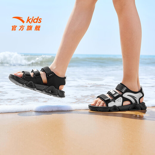 ANTA children's sandals, men's and women's beach shoes, summer new breathable open-toe comfortable arch sandals, men's black/silver-8 35