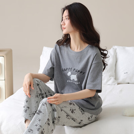 
Catman (MiiOW) women's pajamas summer pure cotton short-sleeved trousers 2025 new summer gray casual home clothing set YZ9720 pink gray pants M 80-95Jin [Jin equals 0.5 kg]