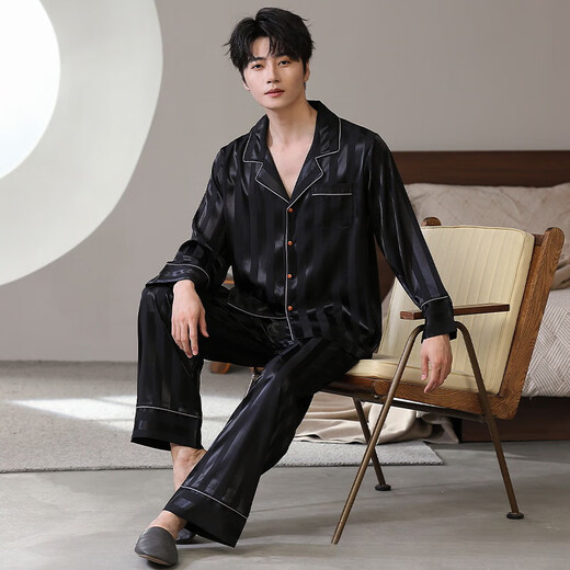 Catman MiiOW strictly selected men's pajamas, large size long sleeve suit, simulated silk, for boyfriend, father to wear home clothes outside Q9901 apricot color M L recommendation 165-170c, 105-130