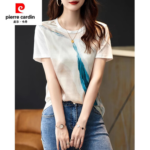 Pierre Cardin (Pierre Cardin) Mulberry Seide 100% Cut Standard Counter Summer Printed Seide Kurzärärtes T-Shirt für Frauen Mulberry Seiden Top 6167 Weiß S