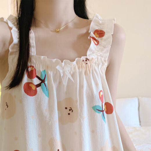 桑琴夏季吊带睡衣女连衣裙可爱睡裙少女高中学生棉纱布薄款家居服MJF_ MJF_9272#背心裙 樱桃小熊 M 160