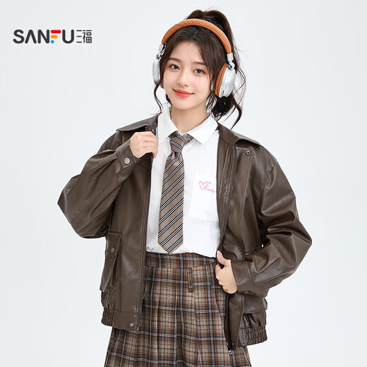 三福（SANFU）春季外套女2025新款立体口袋PU皮衣宽松百搭时尚夹克上衣女装 棕色- 薄款 S
