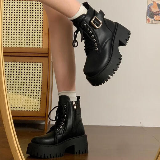 Holzspecker Britisch-Stil dicker Absatz dicker Sohle kleiner Kinder 2025 Neue Herbst- und Wintergrößenverbesserung kurze Stiefel Motorradstiefel braun 37
