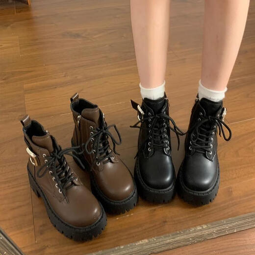 Holzspecker Britisch-Stil dicker Absatz dicker Sohle kleiner Kinder 2025 Neue Herbst- und Wintergrößenverbesserung kurze Stiefel Motorradstiefel braun 37
