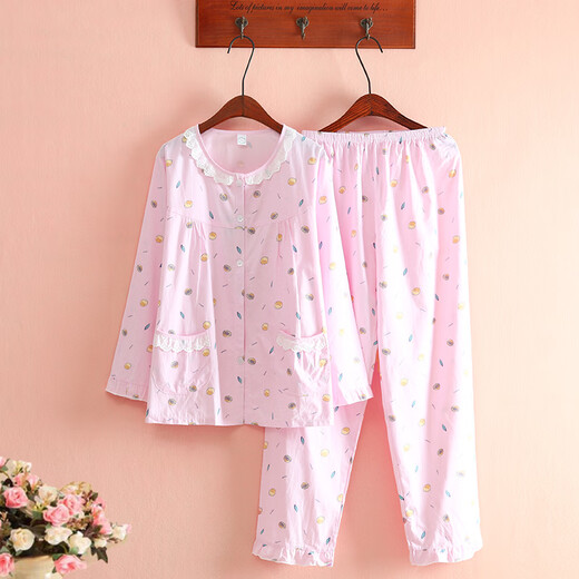 
Cotton twill pajamas for women in spring and summer thin long sleeves, fresh floral woven pure cotton pajamas home clothing set Pink lemon 6636 XL 120-130Jin [Jin equals 0.5 kg]