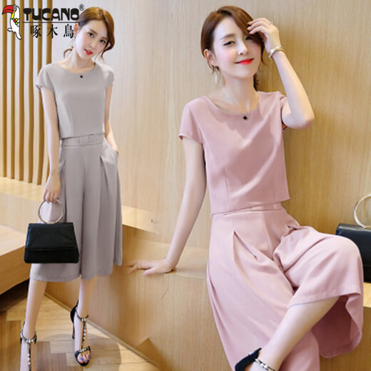 Woodpecker (TUCANO) 2025 spring and summer short-sleeved two-piece set Korean casual slim and versatile chiffon women's wide-leg pants T-shirt shorts gray M