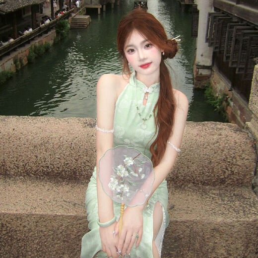 Zhenxiqi new Chinese style national style cool feeling green improved cheongsam sexy style thousands of beautiful halterneck dress women summer turquoise L