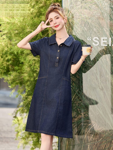 TJQ奢侈高档品牌牛仔连衣裙女2025夏季新款小个子气质复古宽松休闲裙 深牛仔蓝 M