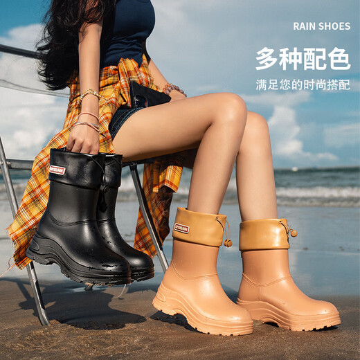 雨鞋女款2025新款时尚外穿雨靴厨房防滑胶鞋工作鞋中筒防水通勤鞋 黑色 （中筒） 37