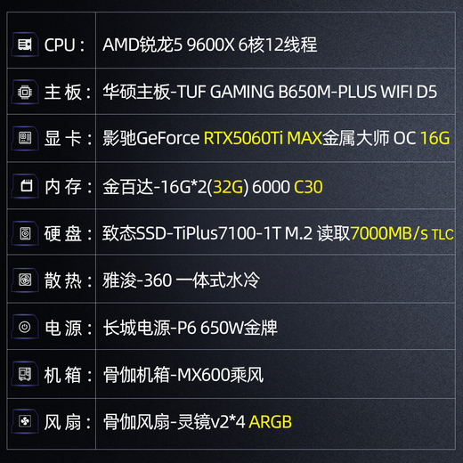 Yuanmengda Fengshen 9600X/5060Ti desktop complete high-performance computer host complete set of complete game console
