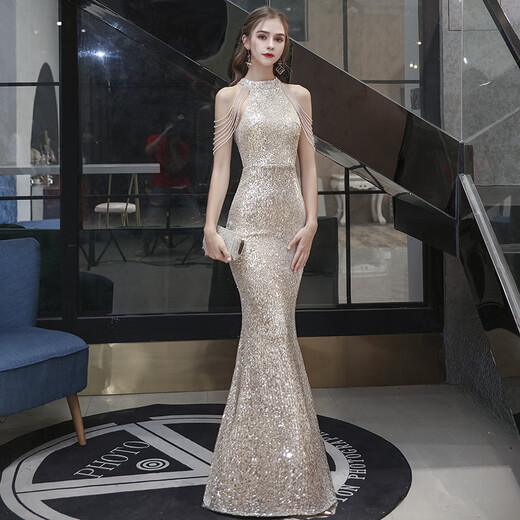 Ancient Champions League evening dress for women, high-end banquet temperament, heavy industry fishtail long dress, light luxury niche high-end annual meeting host engagement, apricot S high-quality stretch version
