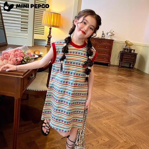 Little Pig Banner Girls Summer Stripe Vestible retro Falda nueva Baby Children's All-Match Vestido de camiseta de flores sueltas Falda de flores 160 Altura recomendada 150-160 cm