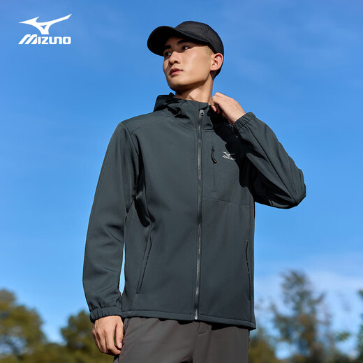 Mizuno Outdoor Soft Shell Jacket Men's Velvet Hooded Mountaineering Casual Windproof and Waterproof Versatile Top Jacket Dark Gray L