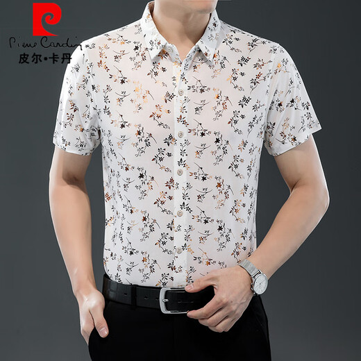 Pierre Cardin 25 Sommer neue Männer kurzärmelige Hemd Ice Seide dünne bedruckte Hemdmodet Trend Casual Dad Top 508 Weiß M 165