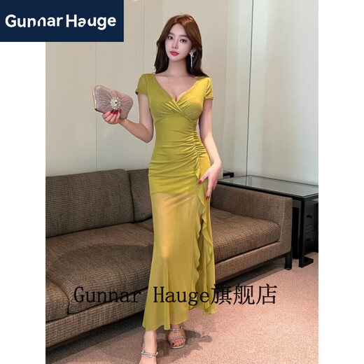 
Gunnar Hauge foot massage foot bath work clothes soft technician massage spa long skirt sexy mesh slit dress women 9276# black S