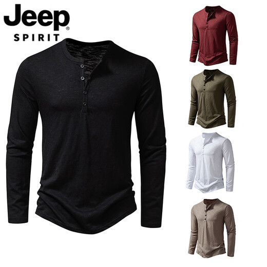 JEEP SPIRIT European and American commuter long-sleeved door tube collar T-shirt men's plus size plus size thin Henry collar T-shirt pullover bottoming shirt white S 110-140Jin Jin equals 0.5 kg