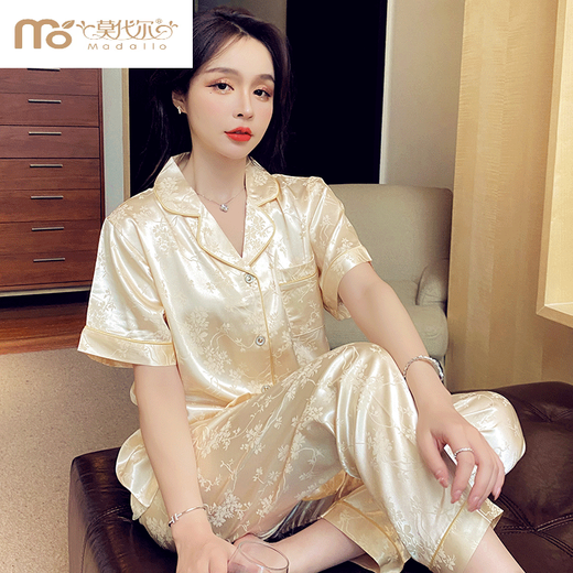 莫代尔冰丝睡衣女士夏季丝.绸薄款短袖长裤加大码200斤家居服感套装 691#水蜜桃三件套装 M (建议80-100斤)