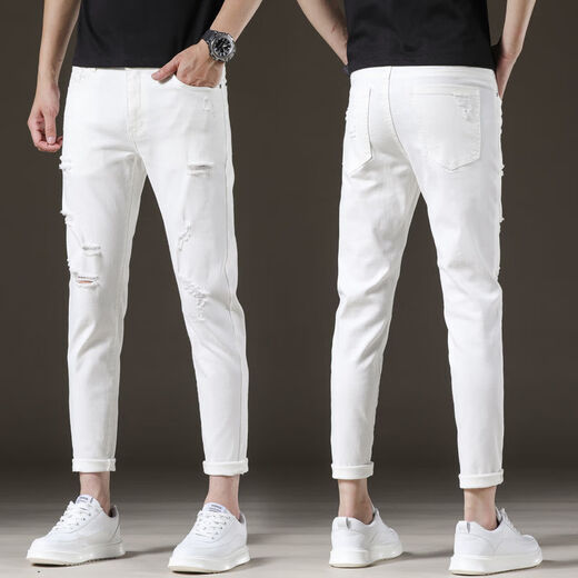 
TTPMER ripped nine-point pants men short white jeans men trendy elastic slim feet 9 points 2025 black and gray 1048 nine-point pants QN [high elasticity 27 size = waist 2 feet