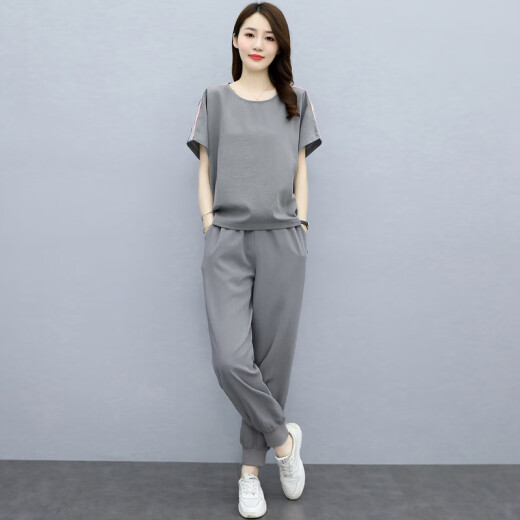 恒源祥时尚运动服套装女夏季2025年新薄款气质显瘦棉麻休闲裤两件套洋气 富贵灰 M
