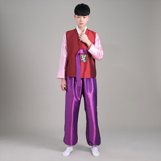 米诗德朝鲜族传统韩服男男士韩国传统舞蹈韩服男士表演服装大长今朝鲜族 酒红色 17084AL码 均码