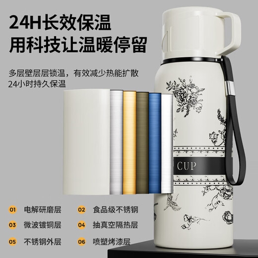316 Stainless Steel Insulated Cup Gardenia Vacuum Cooling Kettle for Men and Women Outdoor Travel Portable Large Capacity Water Cup 316 White Print 800ml