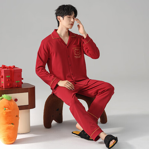 Fenton Ke'an new pajamas wedding newlyweds couple set bright red spring and autumn pure cotton round neck long sleeve simple style couple outfit