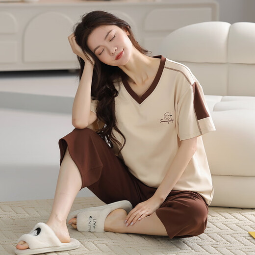 Pajamas en velours arctique pour les femmes en été en été coton pur en V V pantalon recadré à manches courtes lâche et décontracté peut être porté à l'extérieur de la maison de vêtements de printemps T-9855 (costume court) M (80-100jin [Jin est égal à 0,5 kg]))