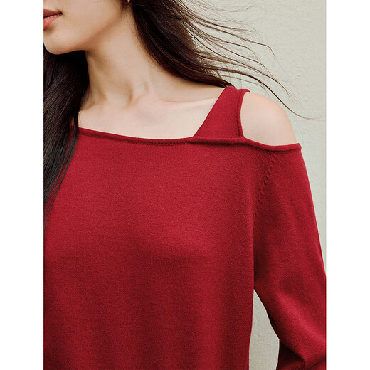 Inman Red Asymmetrical Off-Shoulder-Pullover 2025 Herbst Frauen neuer Design Lose Longe-Sleeved Sweater Burgund S