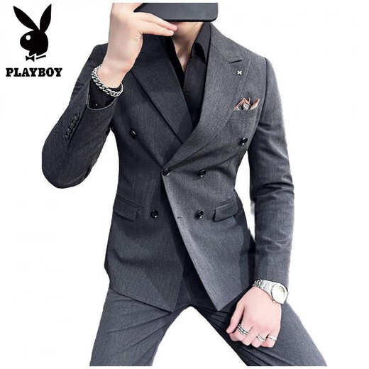 Playboy spring and autumn business casual suit men's slim and handsome double-breasted groom's suit three-piece wedding dress dark gray (suit + trousers) XL