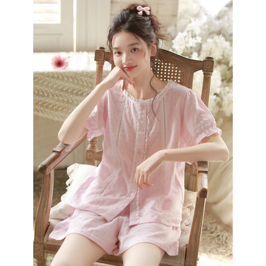 浪莎（LangSha）2025年新款夏季女士睡衣短袖短裤法式纱布大码家居服可外穿套装 3892粉紫色 2XL (建议140-160斤左右)
