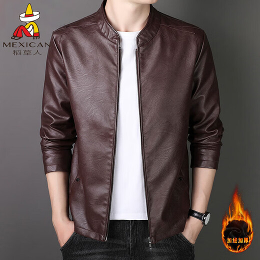 Scarecrow's new leather jacket for men in spring, autumn and winter, fashionable washed solid color slim fit business casual PU leather jacket plus velvet jacket 8802 black plus velvet style XL (recommended 120-140Jin Jin equals 0.5kg)