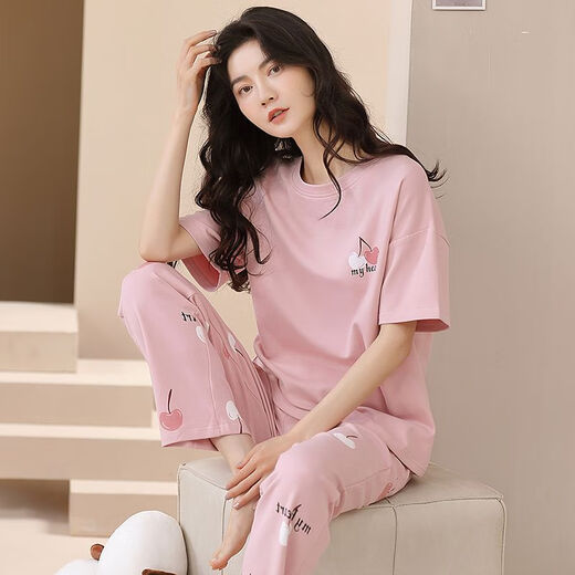 Langsha 100% pure cotton pajamas for women in spring and summer short-sleeved trousers casual loose women Korean style home clothes for autumn wear suit T-9711 (short-sleeved trousers) XL size (125-145Jin [Jin equals 0.5 kg]) All size