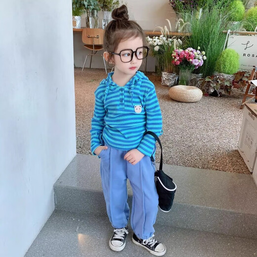 Girls 'Set Herbst Kleidung Neu 2025 Koreanischer Stil Kapuze horizontal langärmelig Sweatshirt Casual Anzug TNZ-9928 [Blau] 100