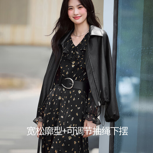 伊芙丽复古风宽松气质皮夹克短外套女新款百搭时髦外套女 黑色 预售[8月23日] S